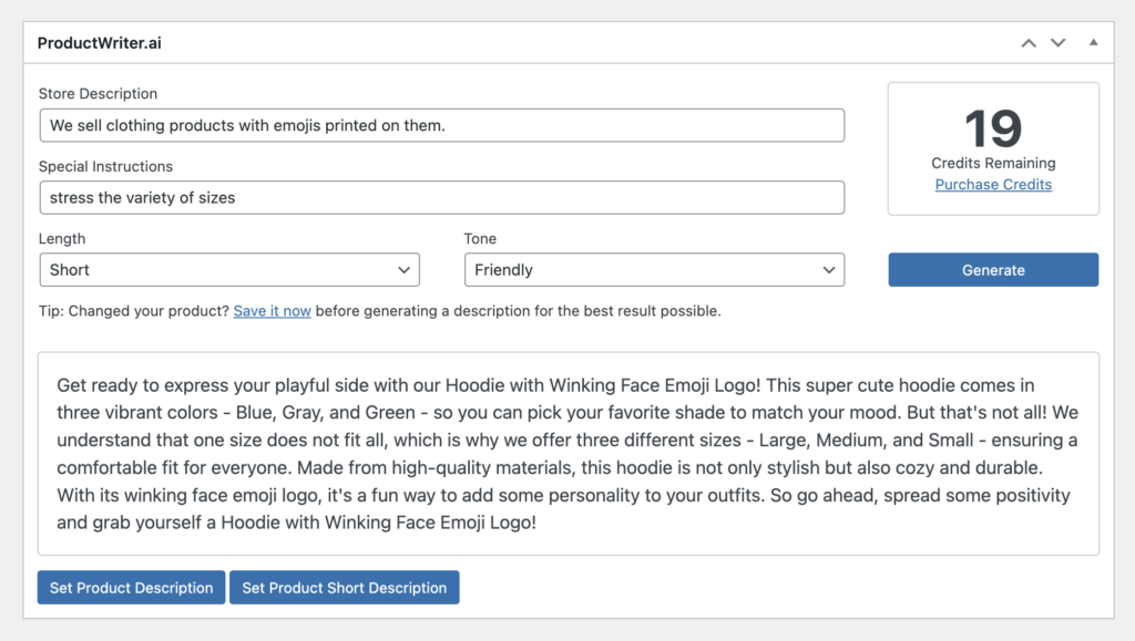 Screenshot of a WooCommerce Product Description Written by ProductWriter.ai