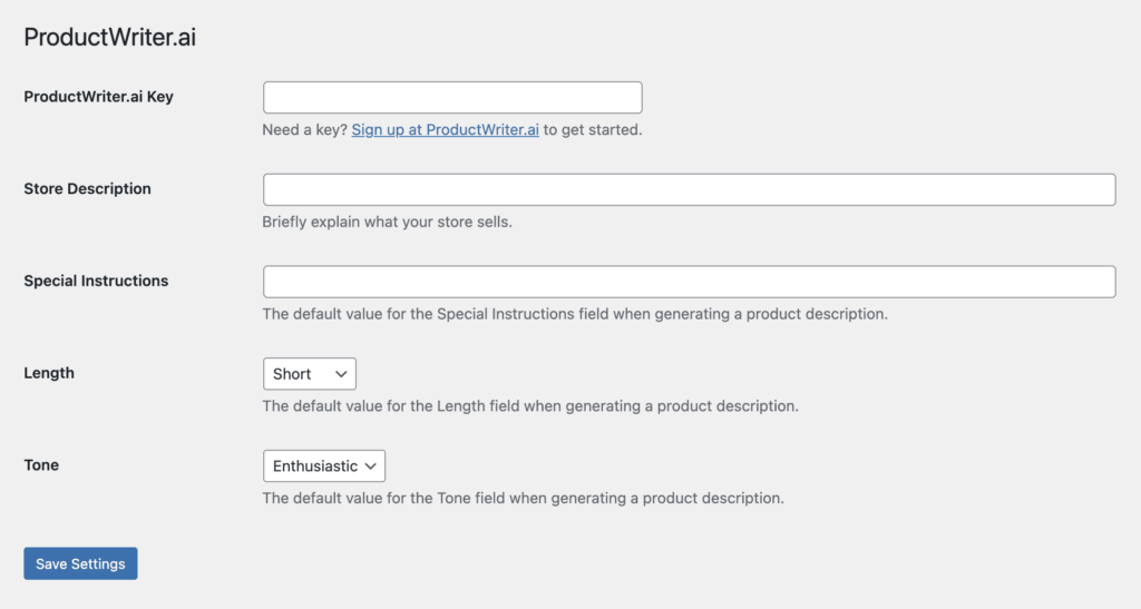Screenshot of the Settings for the ProductWriter.ai WooCommerce Plugin